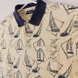 VINTAGE 90S ROUNDTREE YORK SAIL BOAT SPORT FISH GRAPHIC POLO XL YELLOW AND BLUE